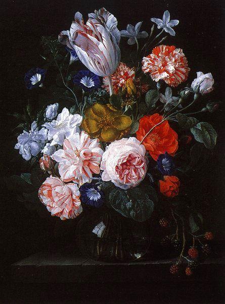 Nicolaes Van Verendael A Tulip, Carnations and Morning Glory in a Glass Vase oil painting picture